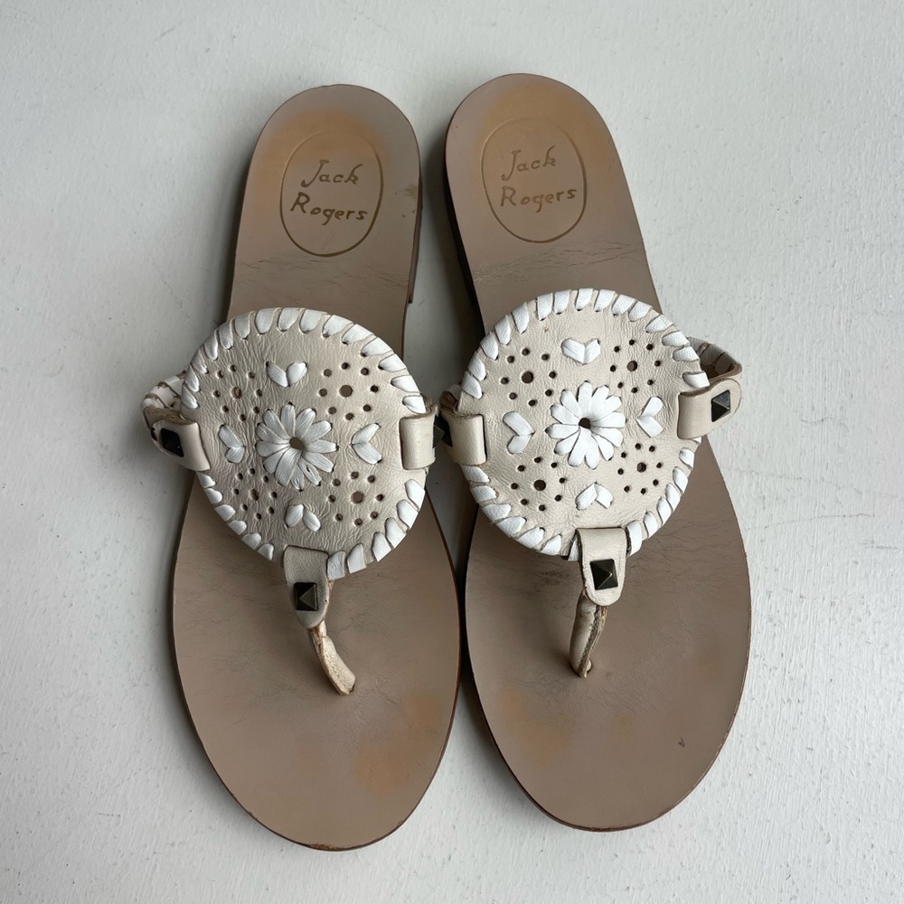 Jack Rogers Women’s Collins Leather Tan and White Flat Sandal